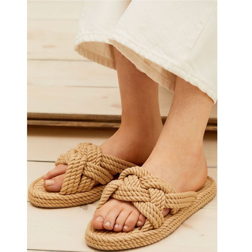 H&M Braided Rope Sandals Beige Womens 38 7.5 Slip On Slide Platform Summer Flats